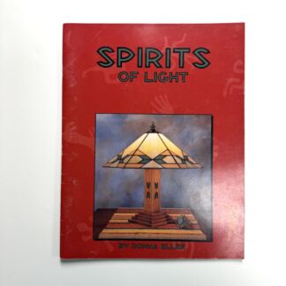 Red book cover titled "Spirits of Light" with a stained-glass lamp illustration on a wooden pedestal, by Donna Eller