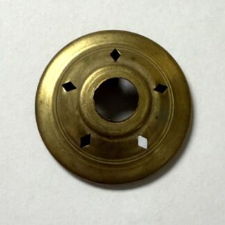 Brass circular escutcheon with a central hole and five square cutouts around the inner ring.