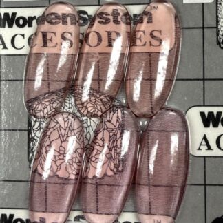 Oval pink gel nail tips with a crackled pattern displayed on a grid board