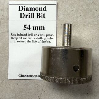 Diamond drill bit, 54 mm, shown with its instruction label (use in hand drill or drill press; keep bit wet to extend life).