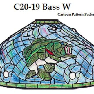Stained-glass style illustration of a bass fish swimming inside a curved panel from a cartoon pattern packet labeled C20-19 Bass W.
