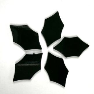 Five irregular black shard pieces arranged in a loose circle on a white background, with a glossy finish.