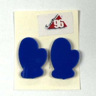 Two bright blue heart-shaped pieces mounted on a pale card with a small sticker showing a red triangular logo and the number 45.