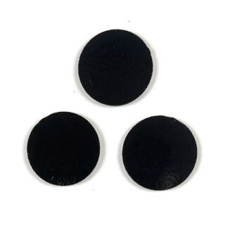 Three black circular discs arranged in a triangle on a white background.